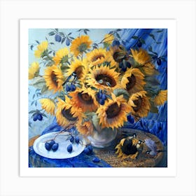 Still Life With Sunflowers And Birds Art Print