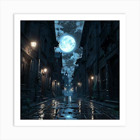 An Eerie Atmospheric Cobblestone Street Wall Art Decoration Art Print