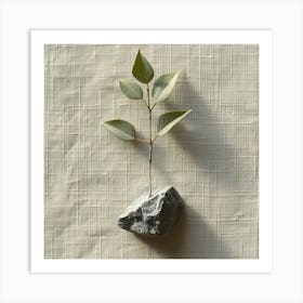  'Nature's Balance', a piece that portrays the delicate equilibrium between the organic and the inorganic. A single, verdant branch sprouting from a rugged stone offers a powerful juxtaposition against a backdrop of textured linen.  Natural Equilibrium, Organic-Inorganic Juxtaposition, Textured Linen.  #NaturesBalance, #OrganicArt, #InorganicTexture.  'Nature's Balance' is an art piece that symbolizes growth and resilience, making it a profound addition to any space. Ideal for those who seek to bring elements of nature and a sense of calm into their environment, this work captures the simple purity of life's persistence against all odds. Art Print