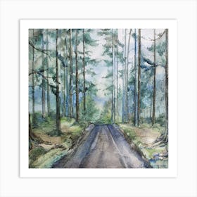 Watercolor Landscape Road In The Forest Square Art Print