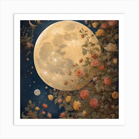 Moon And Roses Art Print