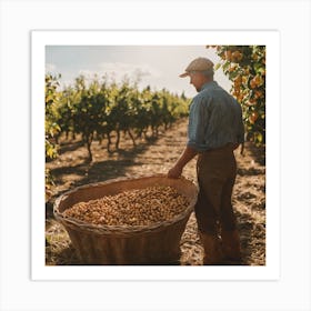 Farmer Picking Oranges In An Orchard Art Print