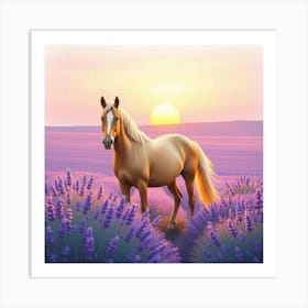 Horse In Lavender Field At Sunset 5 Art Print