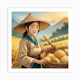 Asian Girl With Basket Art Print