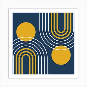 Mid Century Modern Geometric B35 In Navy Blue And Mustard Yellow (Rainbow And Sun Abstract) 02 Art Print