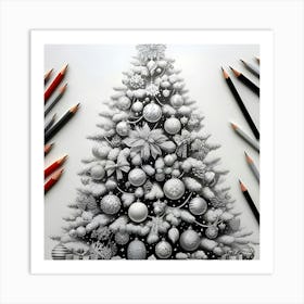 A Pencil Drawing Of A White Christmas Tree With Different Colorful Ornaments Decorated With 3 Art Print