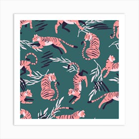 Pink Tiger Pattern On Green With Decoration Square Art Print