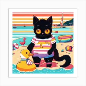 Black Cat On The Beach Art Print