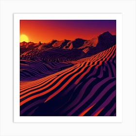 Desert Landscape At Sunset Colors Deep Orange , Sun set attracting color of art Art Print