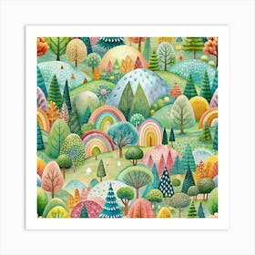 Seamless Pattern Of Colorful Trees, Hills And Rainbows Art Print