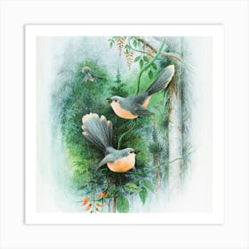 Two Birds Perched On Branches Art Print