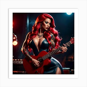 Red Haired Woman With Guitar Art Print