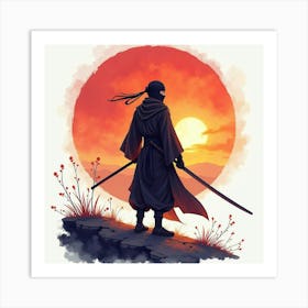 Ninja Fighter With A Watercolor Magical Sunrise 1 Art Print