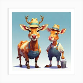 Two Deer In Overalls Art Print