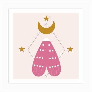 Pink Butterfly And Golden Moon Square Art Print