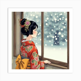 A Japanese Woman Gazing Out Of A Window At Falling Snow, Wrapped In A Vibrant Kimono, Watercolor Art Print