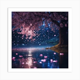 Midnight Cherry Blossom Petals on the Lake Art Print