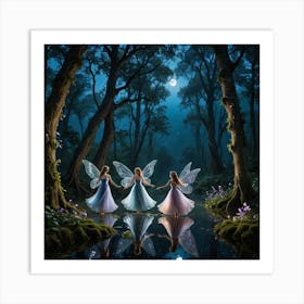 Three Fairies Walk Along a Lake on a Moonlit Night Art Print