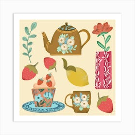 Illustrated Teapots And Flowers morning teatime artwork Art Print