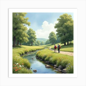 A Picturesque English Countryside Scene With A Babbling Brook And Hikers, Watercolor 1 Art Print