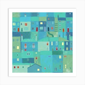 Blue Town From The Steps Cityscape Art Print