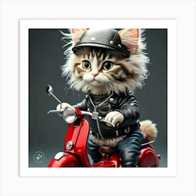 Kitten Riding Red Scooter 1 Art Print