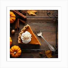 Pumpkin Pie Slice Topped With Whipped Cream From Above Positioned On An Age Worn Wooden Table Surr 2 Art Print