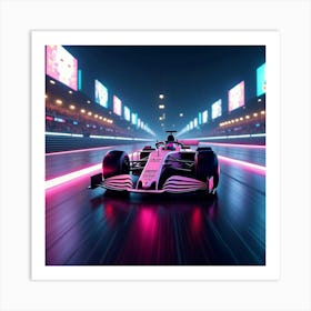 Sleek Formula Car On A Neon Lit Race Track With Holographic Ads Flashing Around 1 Art Print