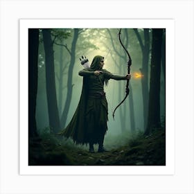 Elven Archer In An Ancient Forest With Glowing Arrows And Misty Background 1 Art Print