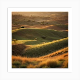 Olive Green Rolling Hills Under A Burnt Sienna Sky Soft Focus On Textured Grass Shadow Art Print