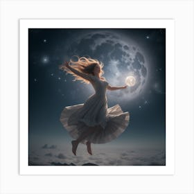 Girl Jumping Infront Of The Moon Art Print