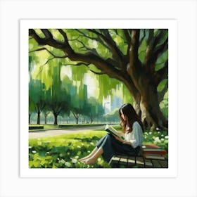 Girl Reading Under A Tree, Acrylic Painting Style 2 Art Print