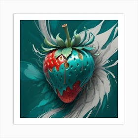 A Strawberry With A Glossy, Teal Colored Coating, Dripping With Red Liquid, Is Set Against A Background Of Swirling Teal And Gray Paint Art Print