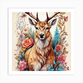 Deer With Roses 1 Art Print