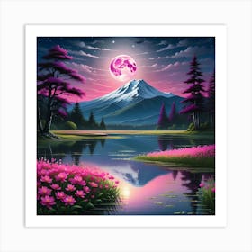 Moonlight In The Mountains With Pink Flowers And Calm lake Art Print