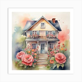 Watercolor House With Flowers Art Print 1 Art Print