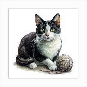 Black And White Cat With A Ball Of Yarn 1 Art Print