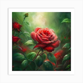 Beautiful Red Rose In The Green Garden Art Print