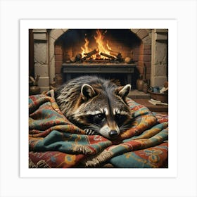 Raccoon In Front Of Fireplace Art Print