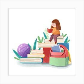 Girl Reading Books Art Print