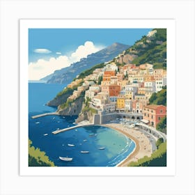 Italy Amalfi Coast Cute Illustration In Blue Art Print Art Print