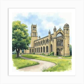 Watercolor View Of The Fountains Abbey In North Yorkshire, Featuring Its Historic Ruins And Serene Surroundings Art Print