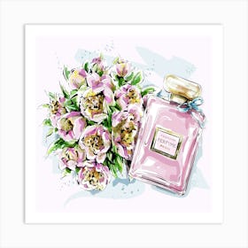 Perfume Bottle And Flowers Art Print