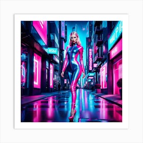 Neon Girl In A Futuristic City Art Print