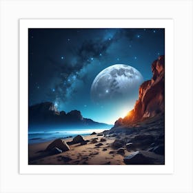 quiet Night Scene With Bright Moon And Stars 4 Art Print