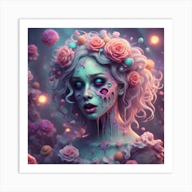 Zombie Girl With Roses Art Print