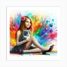 Colorful Girl With Cat 1 Art Print