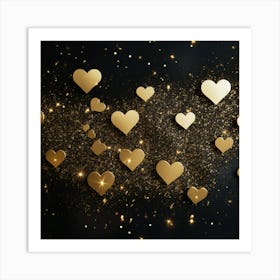 Small Golden Hearts and Glitter On Black Background Art Print