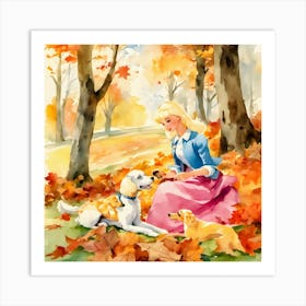 Watercolor Of A Girl And Her Dog Art Print