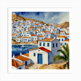 Aegean Village.Summer on a Greek island. Sea. Sand beach. White houses. Blue roofs. The beauty of the place. Watercolor. 5 Art Print